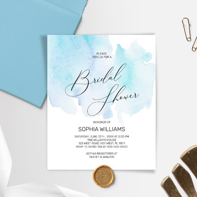 Budget Blue Watercolor Bridal Shower Invitation (Creator Uploaded)
