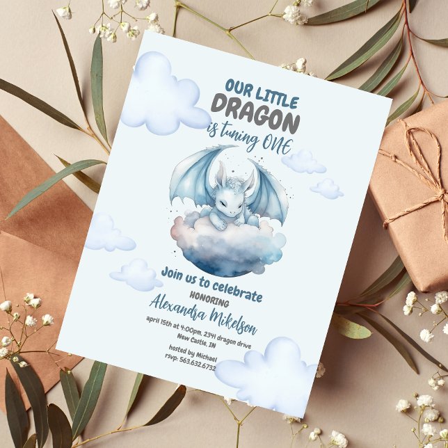 Budget Blue Watercolor Dragon Baby 1st Birthday (Creator Uploaded)