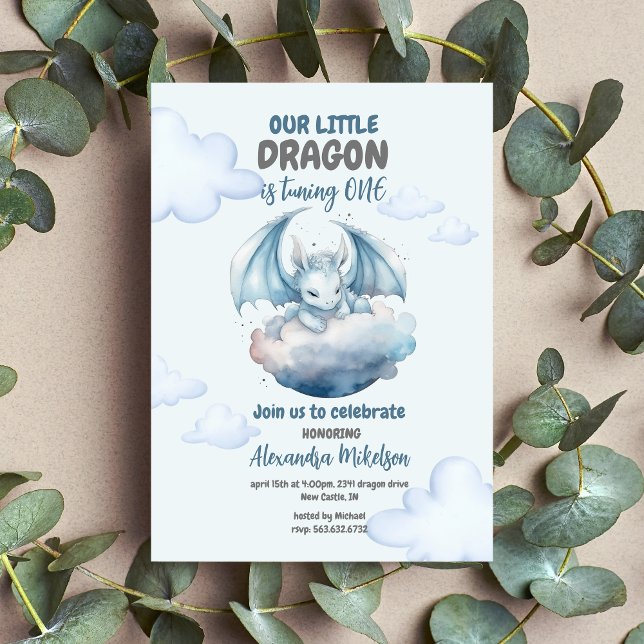 Budget Blue Watercolor Dragon Baby 1st Birthday Flyer ("Create Magic with Cute Watercolor Dragon Baby 1st Birthday Invitation )