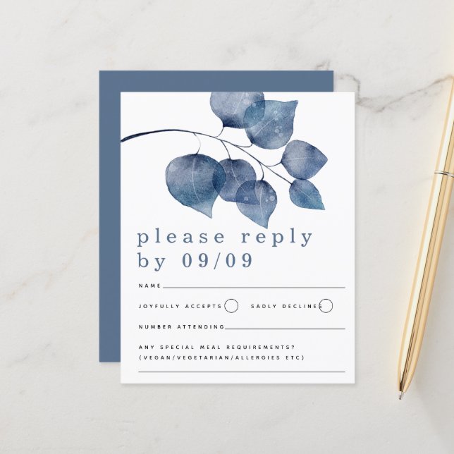 Budget Blue Watercolor Foliage Wedding RSVP (Front/Back In Situ)