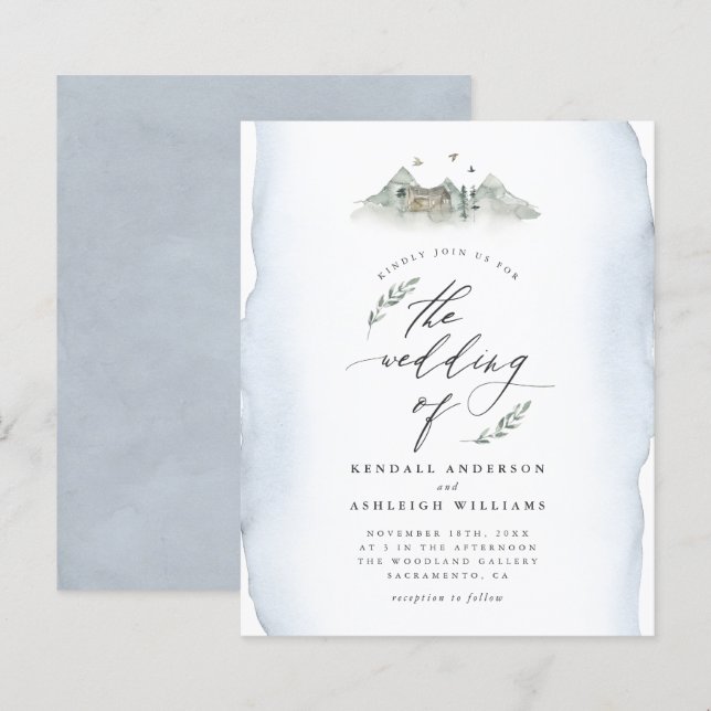 Budget Blue Watercolor Leaves & Mountain Wedding (Front/Back)