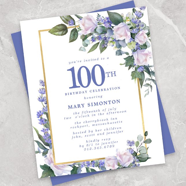 Budget Blue White Floral 100th Birthday Invitation (Creator Uploaded)