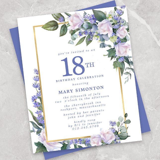 Budget Blue White Floral 18th Birthday Invitation (Creator Uploaded)
