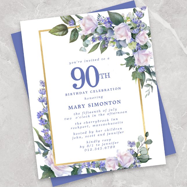 Budget Blue White Floral 90th Birthday Invitation (Creator Uploaded)