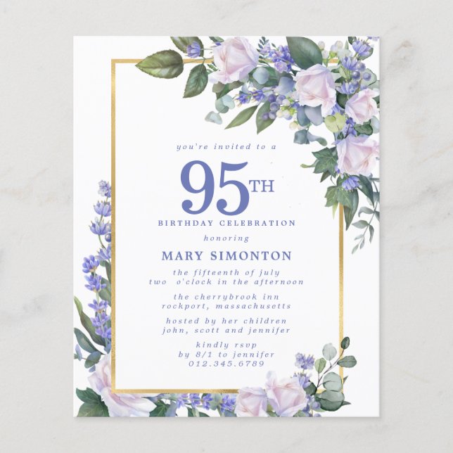 Budget Blue White Floral 95th Birthday Invitation (Front)