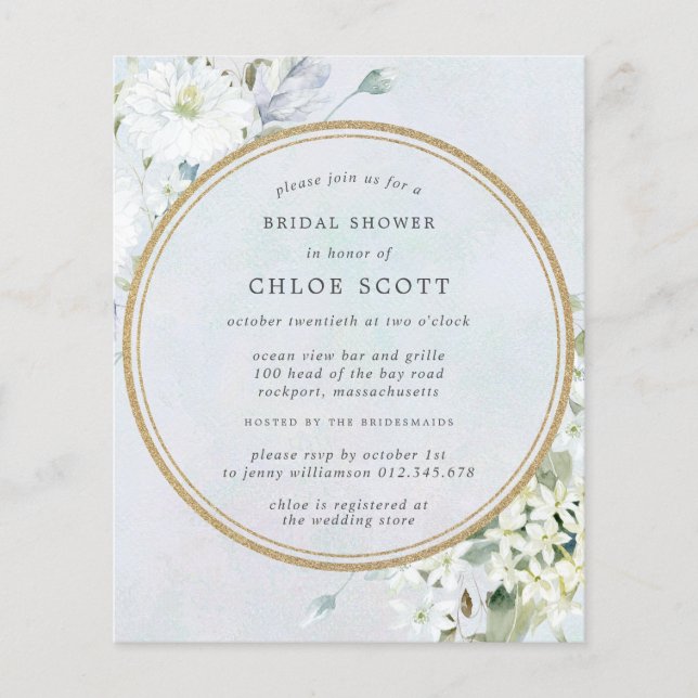 Budget Blue White Floral Bridal Shower Invitation (Front)