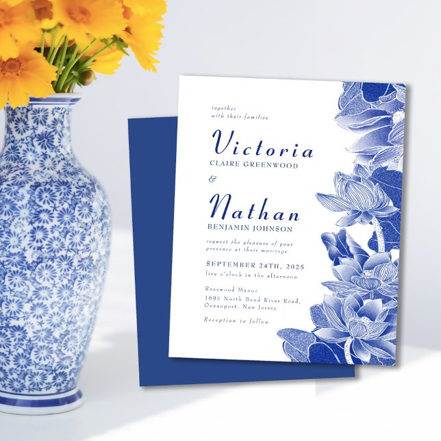 Budget Blue White Photo Floral Wedding Invite  (Creator Uploaded)