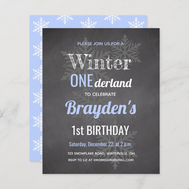 Budget Blue Winter Onederland 1st Birthday Invite (Front/Back)