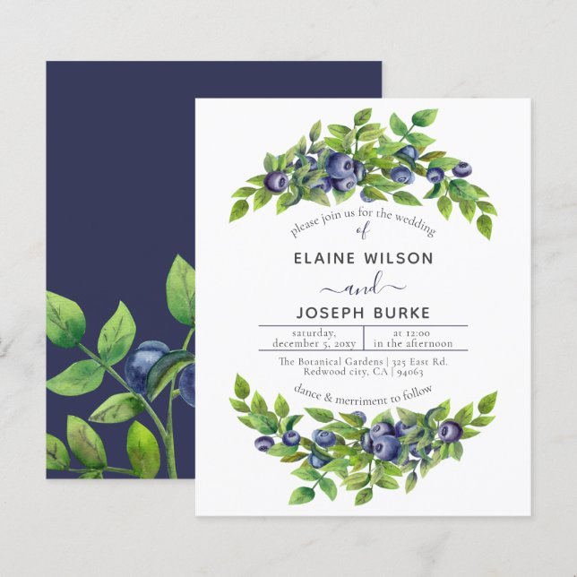 Budget blueberries botanical wedding invitation (Front/Back)