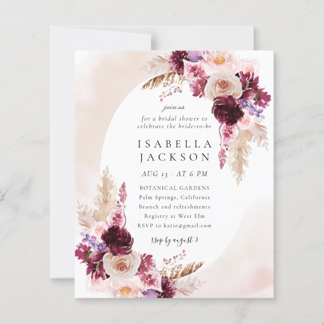 Budget Blush Boho Floral Bridal Shower Invitation (Front)