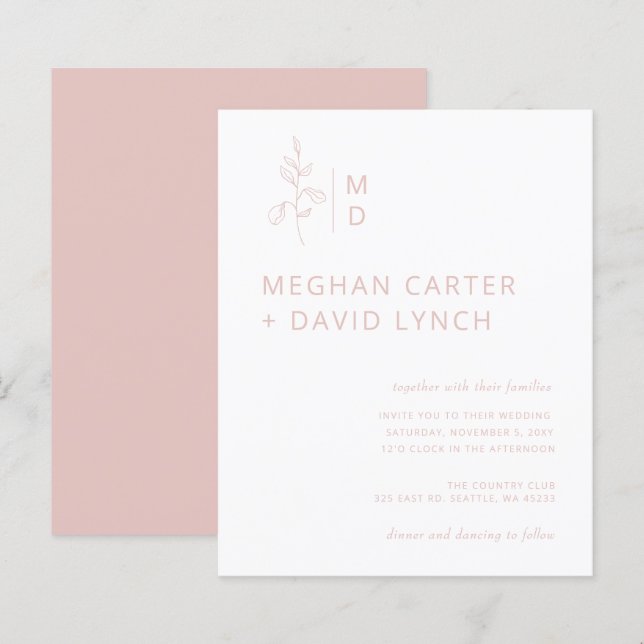Budget Blush Botanical Monogram Wedding Invitation (Front/Back)