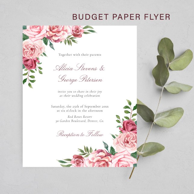 Budget blush burgundy floral wedding invitation flyer (Creator Uploaded)