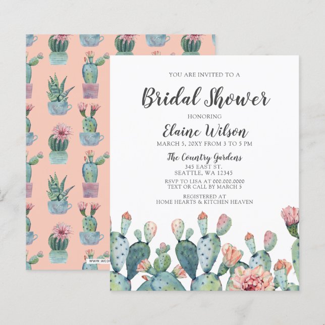 Budget Blush Cactus Bridal Shower Invitation (Front/Back)