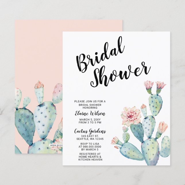 Budget Blush Cactus Bridal Shower Invitations (Front/Back)