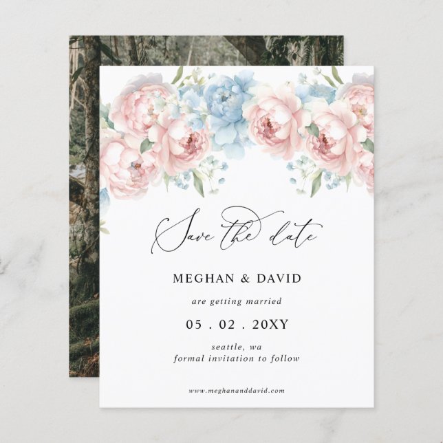 Budget Blush Floral Photo Save the Date (Front/Back)