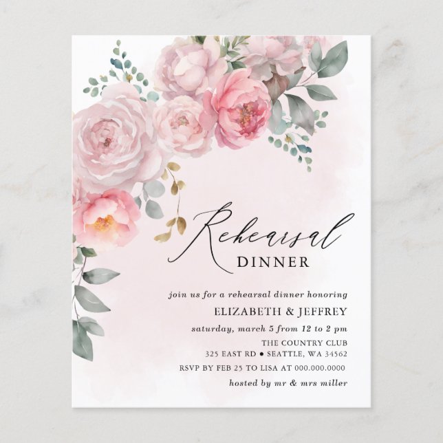 Budget Blush Floral Rehearsal Dinner Invitations (Front)