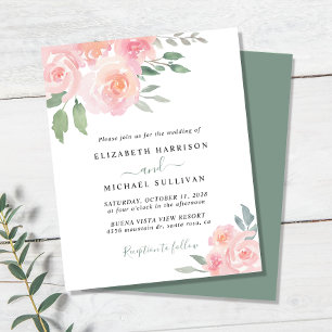 Budget Blush Floral Watercolor Wedding Invitation
