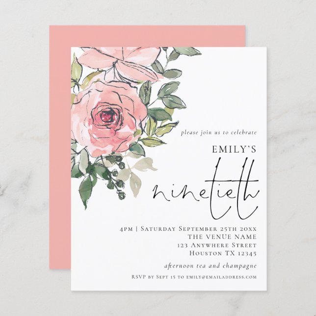 Budget Blush Florals Ninetieth Party Invitation (Front/Back)