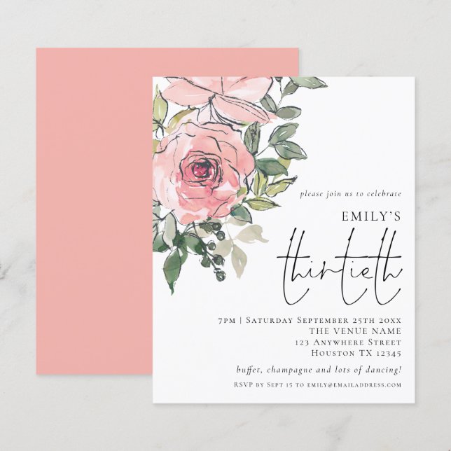 Budget Blush Florals Thirtieth Birthday Invite (Front/Back)