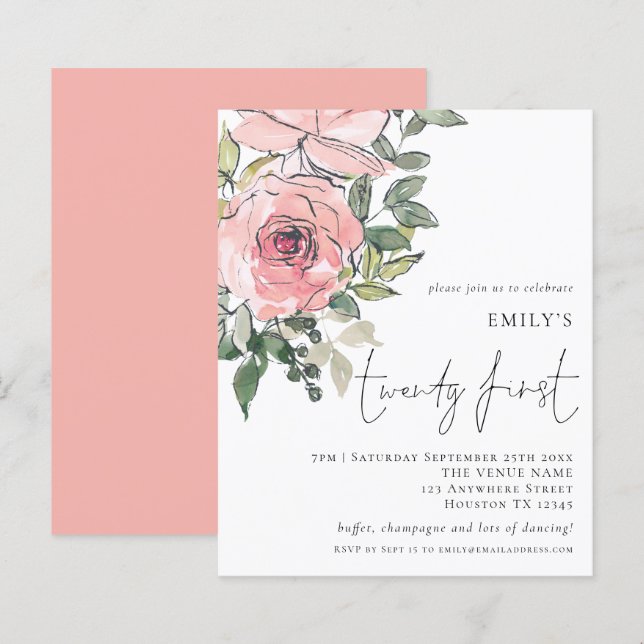 Budget Blush Florals Twenty First Birthday Invite (Front/Back)