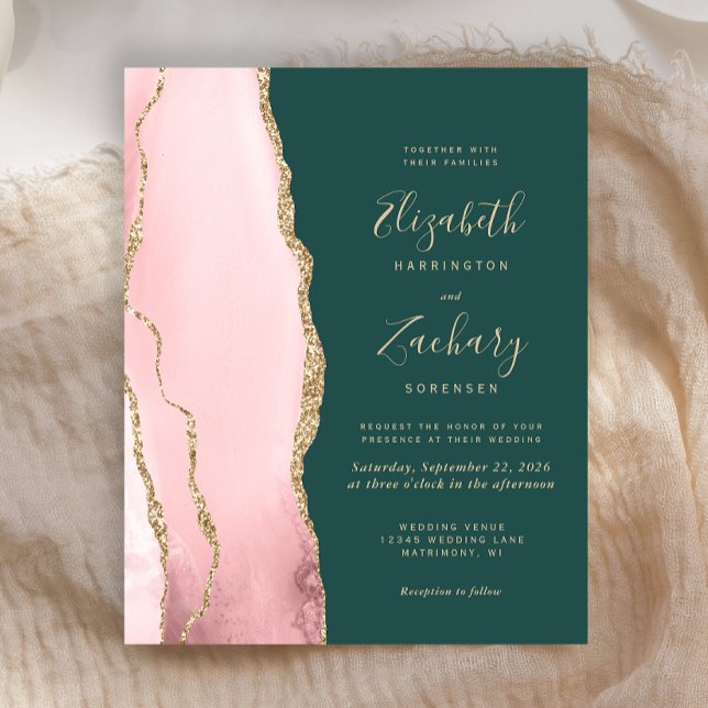 Budget Blush Gold Agate Green Wedding Invitation (Creator Uploaded)