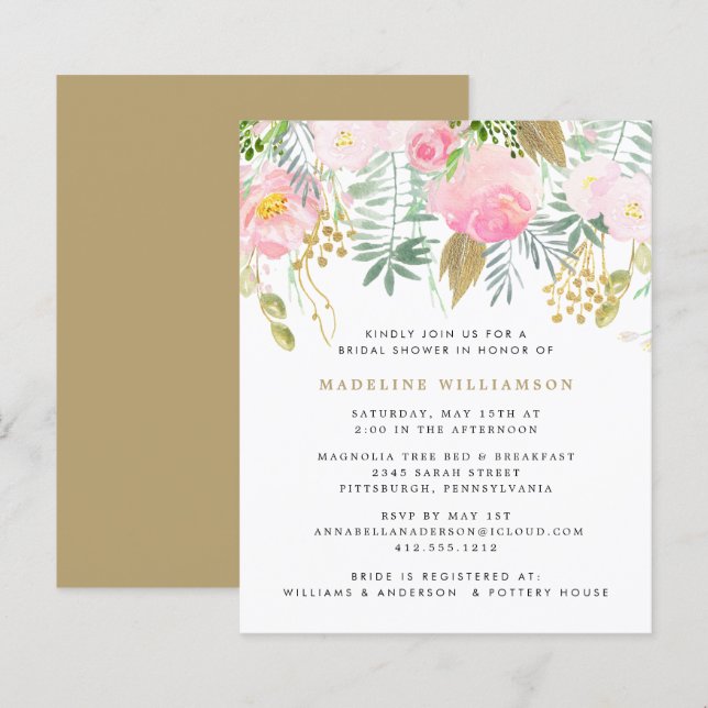 Budget Blush Gold Floral Bridal Shower Invitation  (Front/Back)