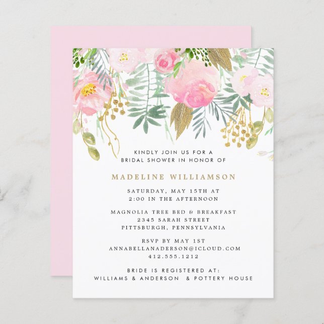Budget Blush Gold Floral Bridal Shower Invitation  (Front/Back)