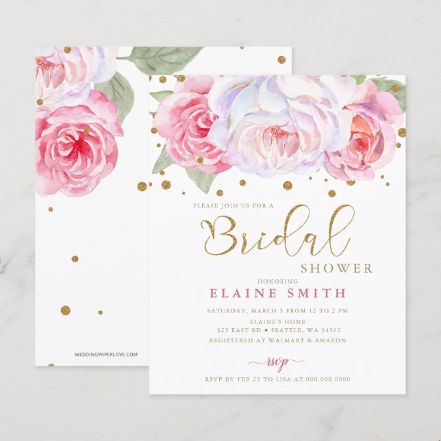 Budget Blush Gold Floral Bridal Shower Invitation (Front/Back)
