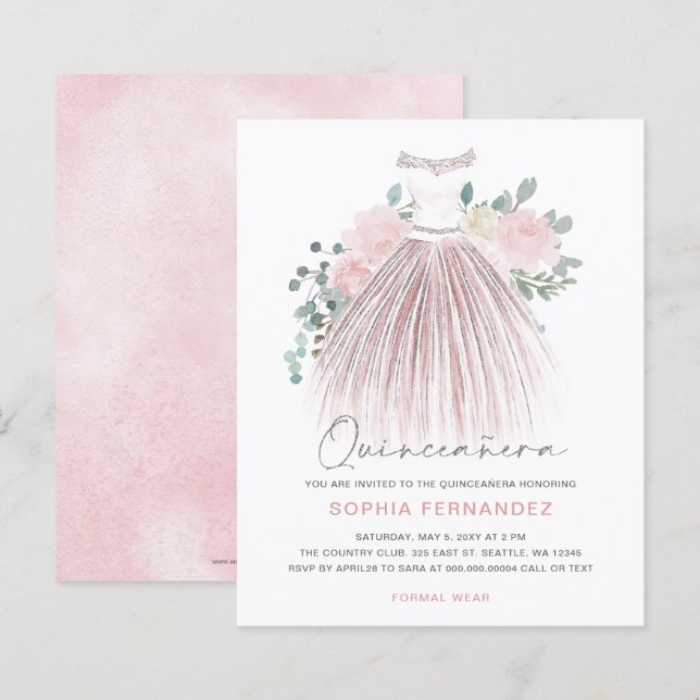 Budget Blush gold glitter Dress Quinceañera Invite (Front/Back)