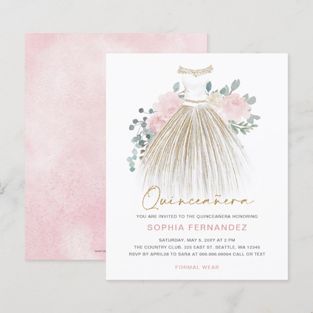 Budget Blush gold glitter Dress Quinceañera Invite (Front/Back)