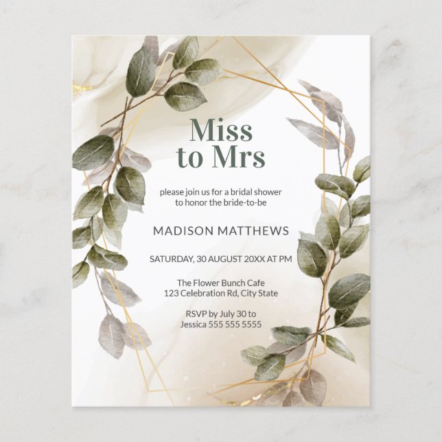 Budget Blush Green Gold Watercolor Bridal Shower  (Front)