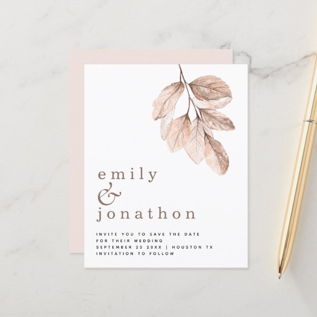 Budget Blush leaves Wedding Save The Date (Front/Back In Situ)