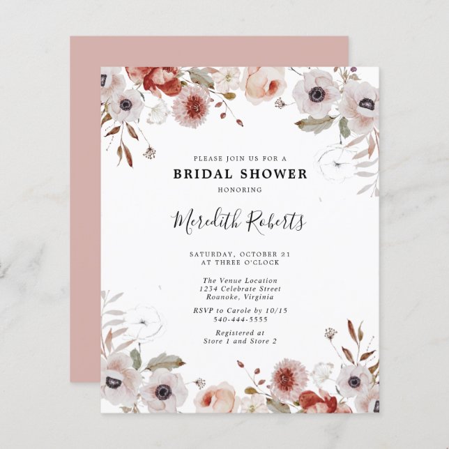 Budget Blush Marsala Floral Bridal Shower Invite (Front/Back)