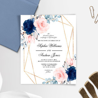 Budget Blush & Navy Blue Rose Wedding Invitation