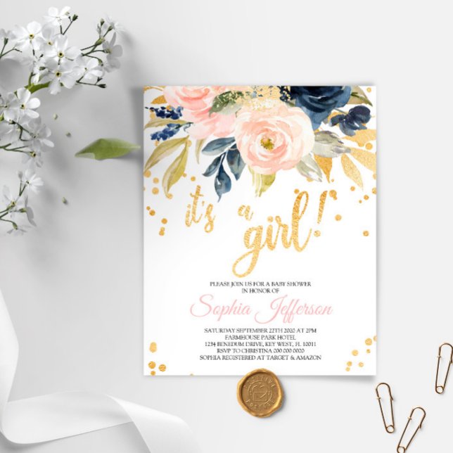 Budget Blush, Navy & Gold Baby Shower Invitation (Creator Uploaded)