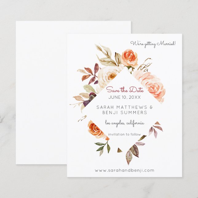 Budget Blush & Peach Floral Rustic Save the Date (Front/Back)