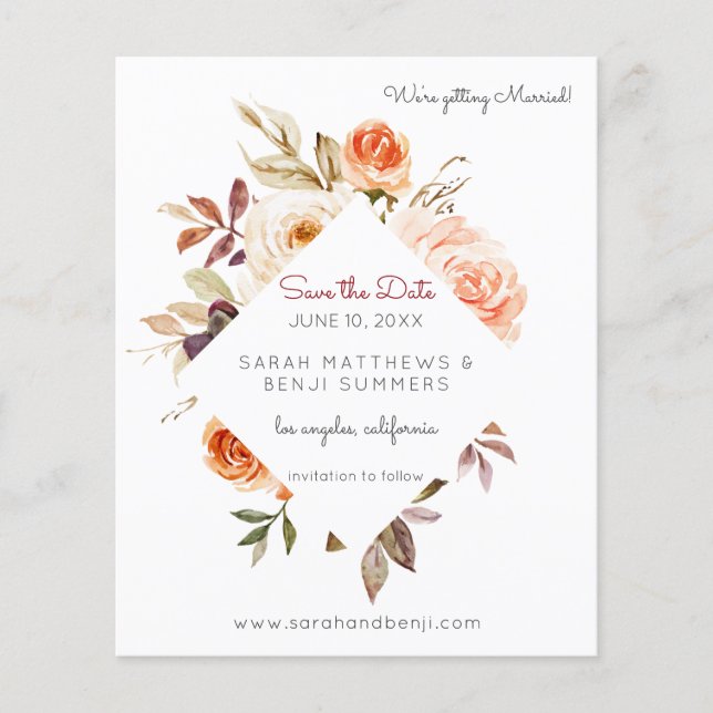 Budget Blush & Peach Floral Rustic Save the Date Flyer (Front)