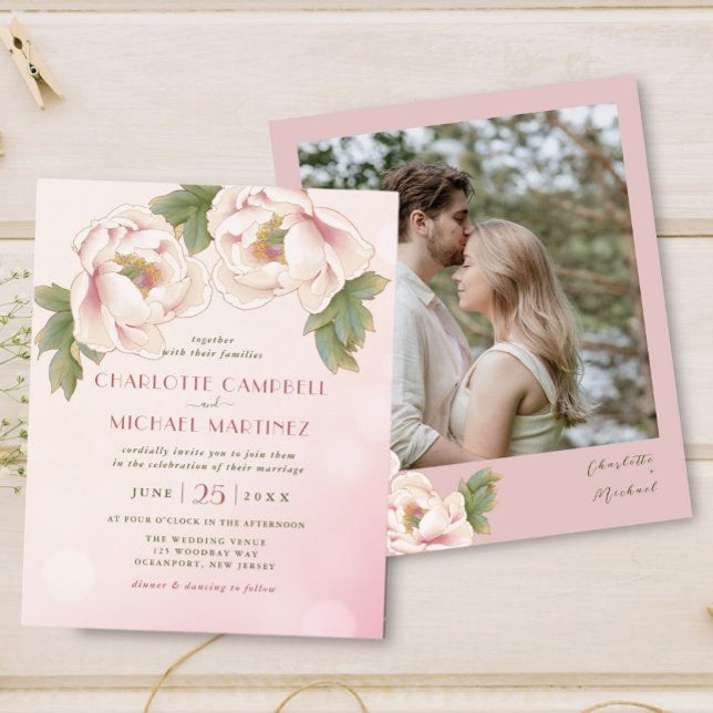 BUDGET Blush Peony Floral Photo Wedding Invites (Creator Uploaded)