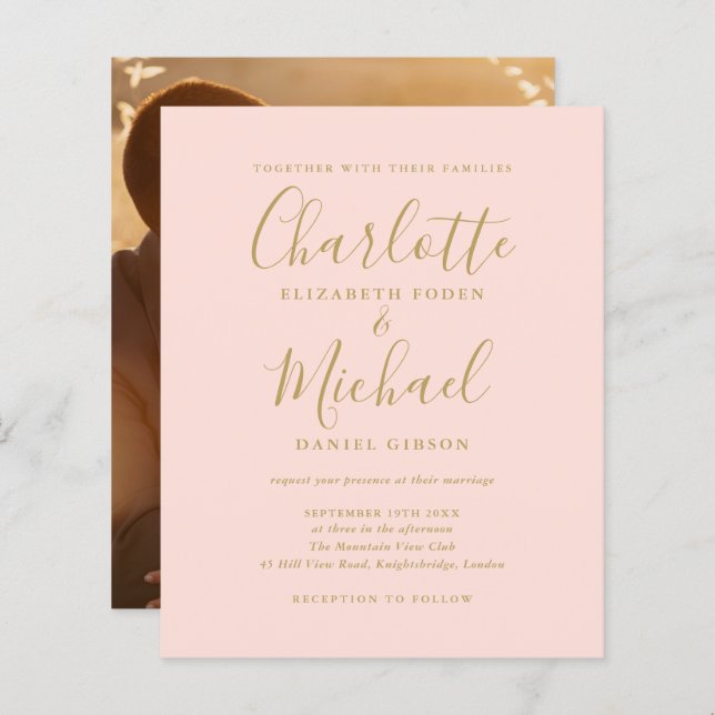 Budget Blush Pink And Gold Photo Wedding Invite (Front/Back)