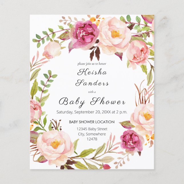Budget Blush Pink Bloom Floral Baby Shower Flyer (Front)