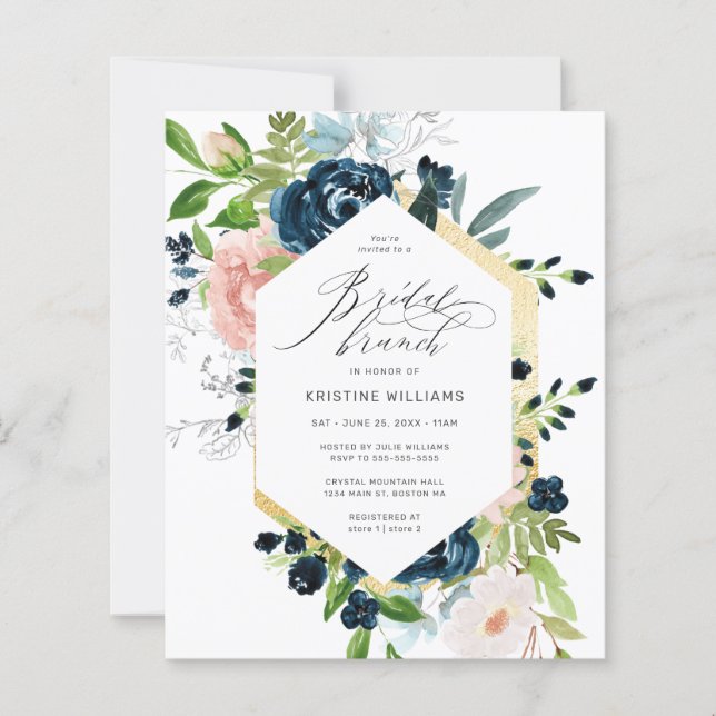 Budget Blush Pink Blue Rose Floral Bridal Brunch (Front)