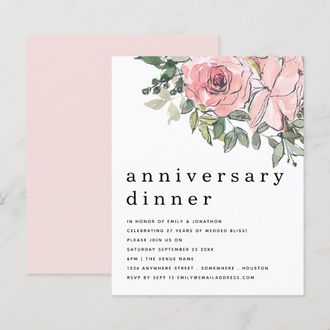 Budget Blush Pink Floral Anniversary Dinner Invite (Front/Back)