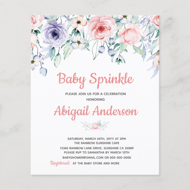 Budget Blush Pink Floral Baby Sprinkle Invitation Flyer (Front)