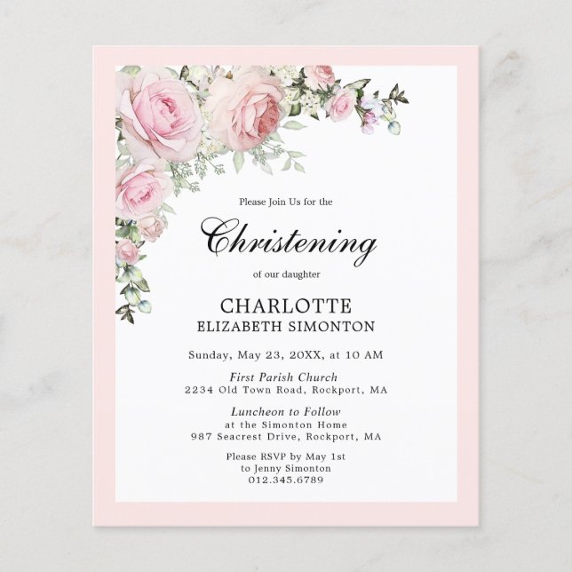 Budget Blush Pink Floral Christening Invitation (Front)