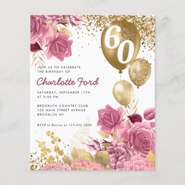 Budget Blush Pink Floral Gold Balloon Birthday (Front)