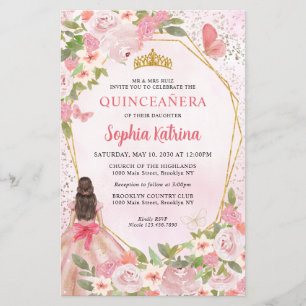 Budget Blush Pink Floral Gold Princess Quinceañera