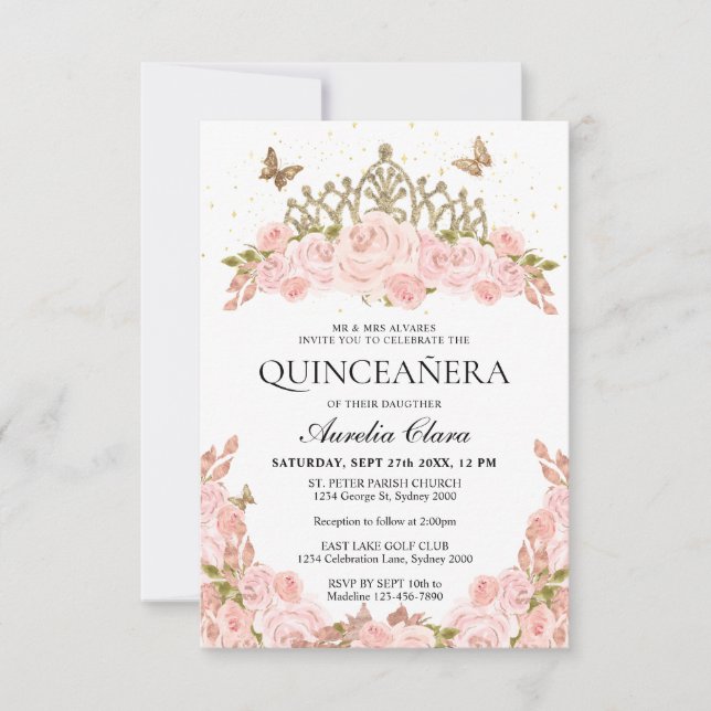 BUDGET Blush Pink Floral Gold Tiara Quinceanera Card (Front)