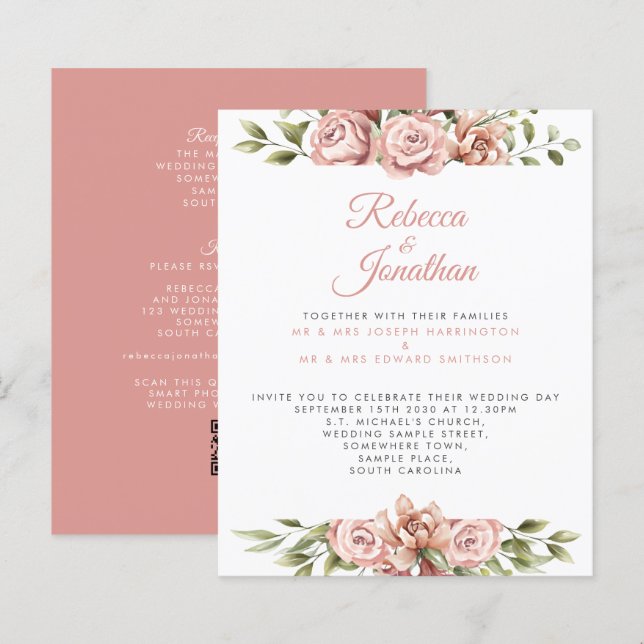 Budget Blush Pink Floral Paper Wedding Invitation (Front/Back)
