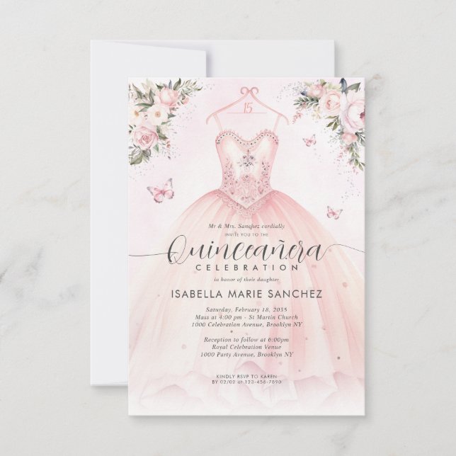 Budget Blush Pink Floral Princess Gown Quinceanera Card (Front)