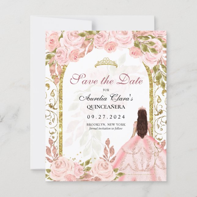 Budget Blush Pink Floral Quinceanera Save the Date (Front)